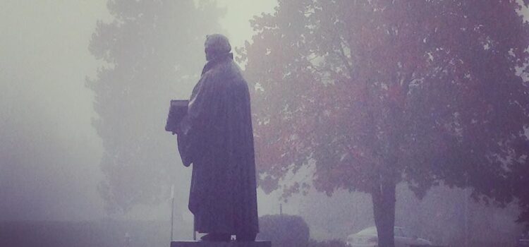 Martin Luther Statue in the Fog at Wartburg Seminary