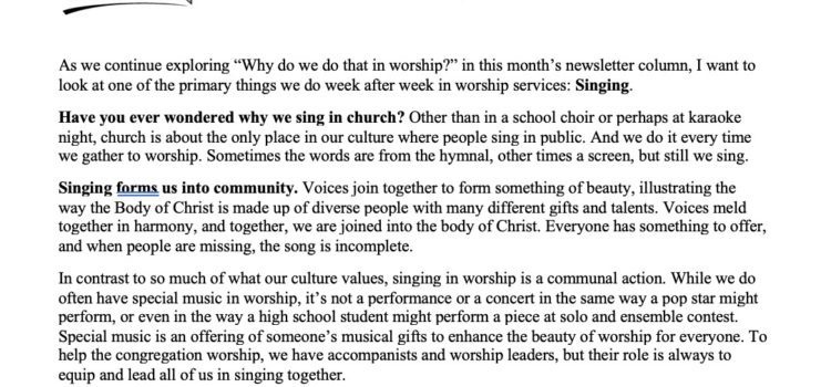 Newsletter Worship Whys: Singing and Music