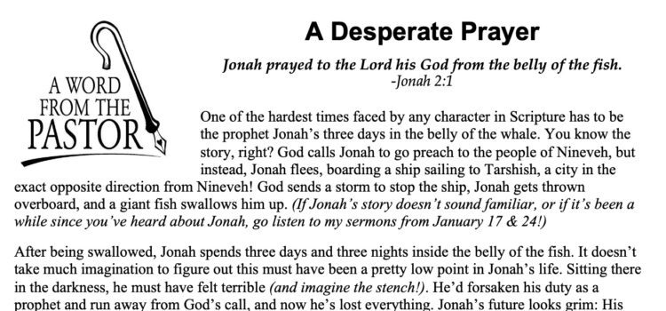 January, 2021, Newsletter Column: Jonah’s Prayer
