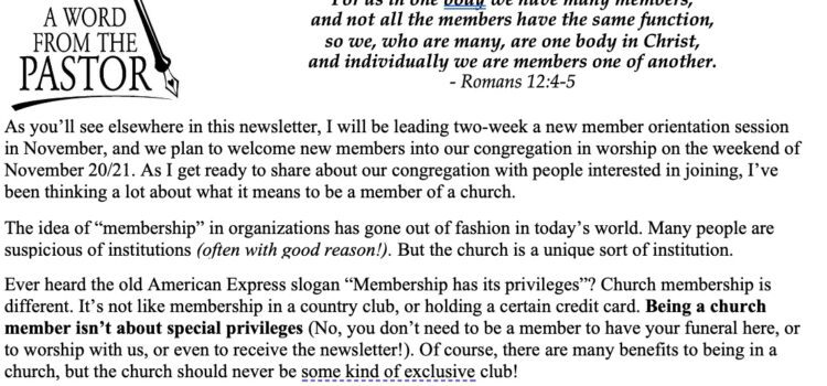 November 2021 Newsletter Column: Why Join a Church?