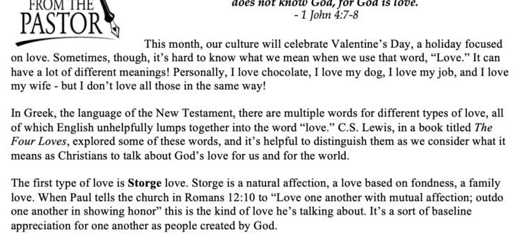 February 2022 Newsletter Column: Biblical Kinds of Love