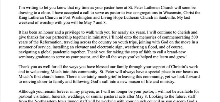 Congregational Letter Announcing Change of Call